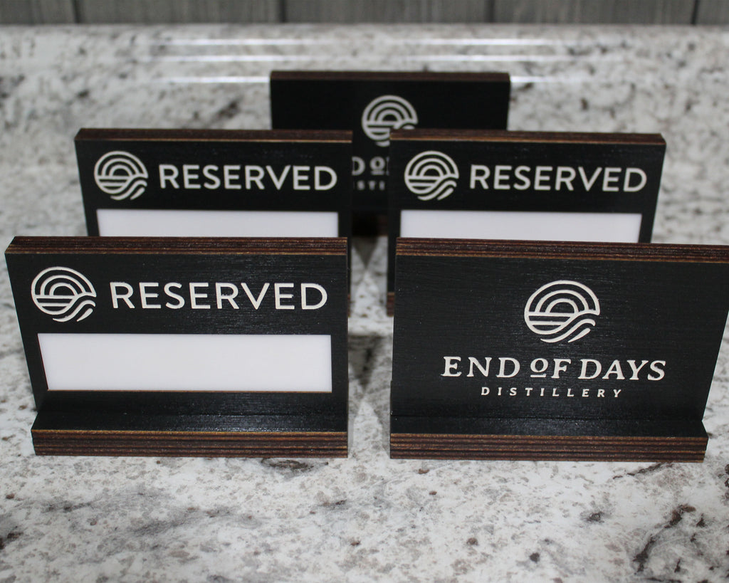 Custom printed black reserved table sign with dry erase panel