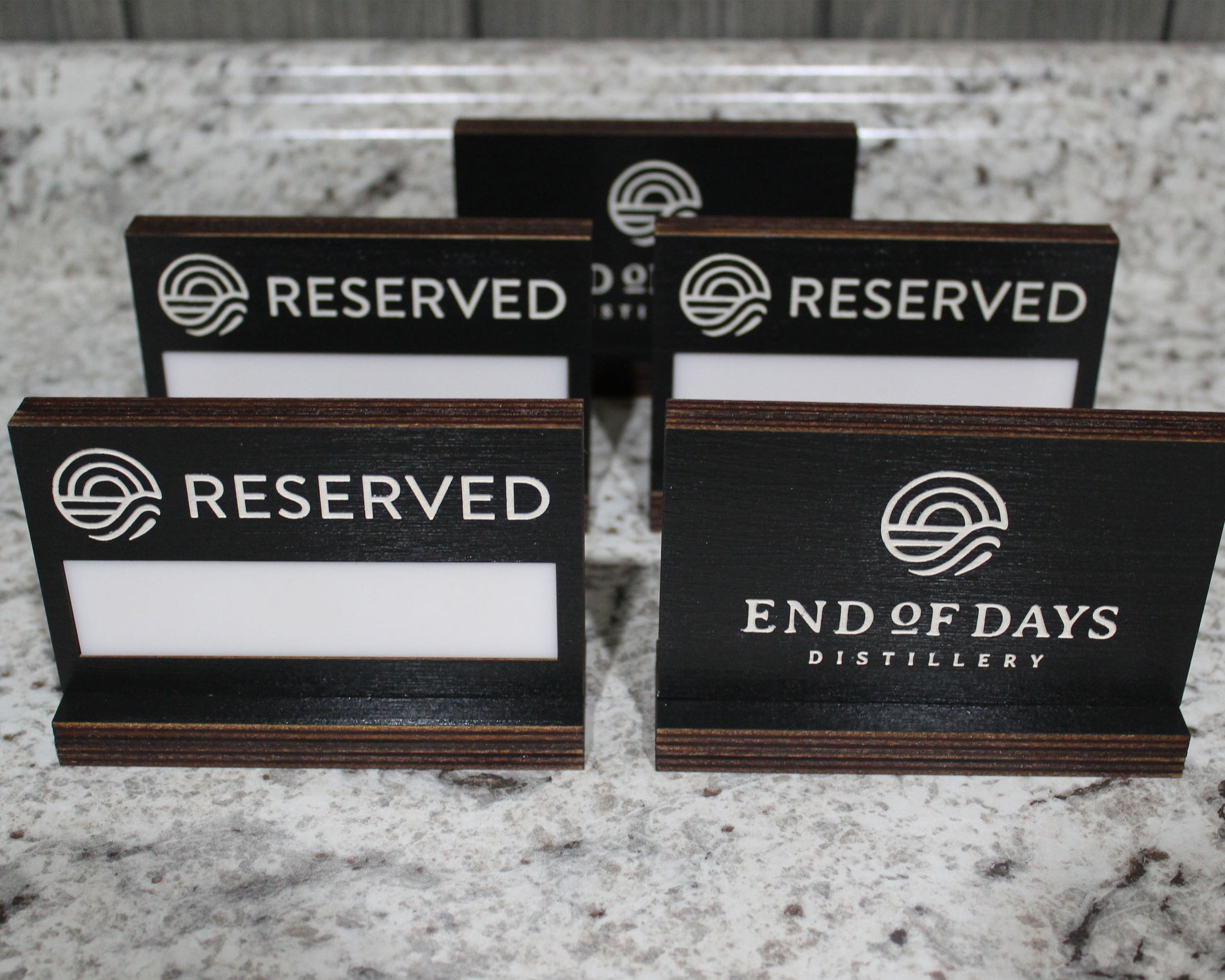Custom printed black reserved table sign with dry erase panel