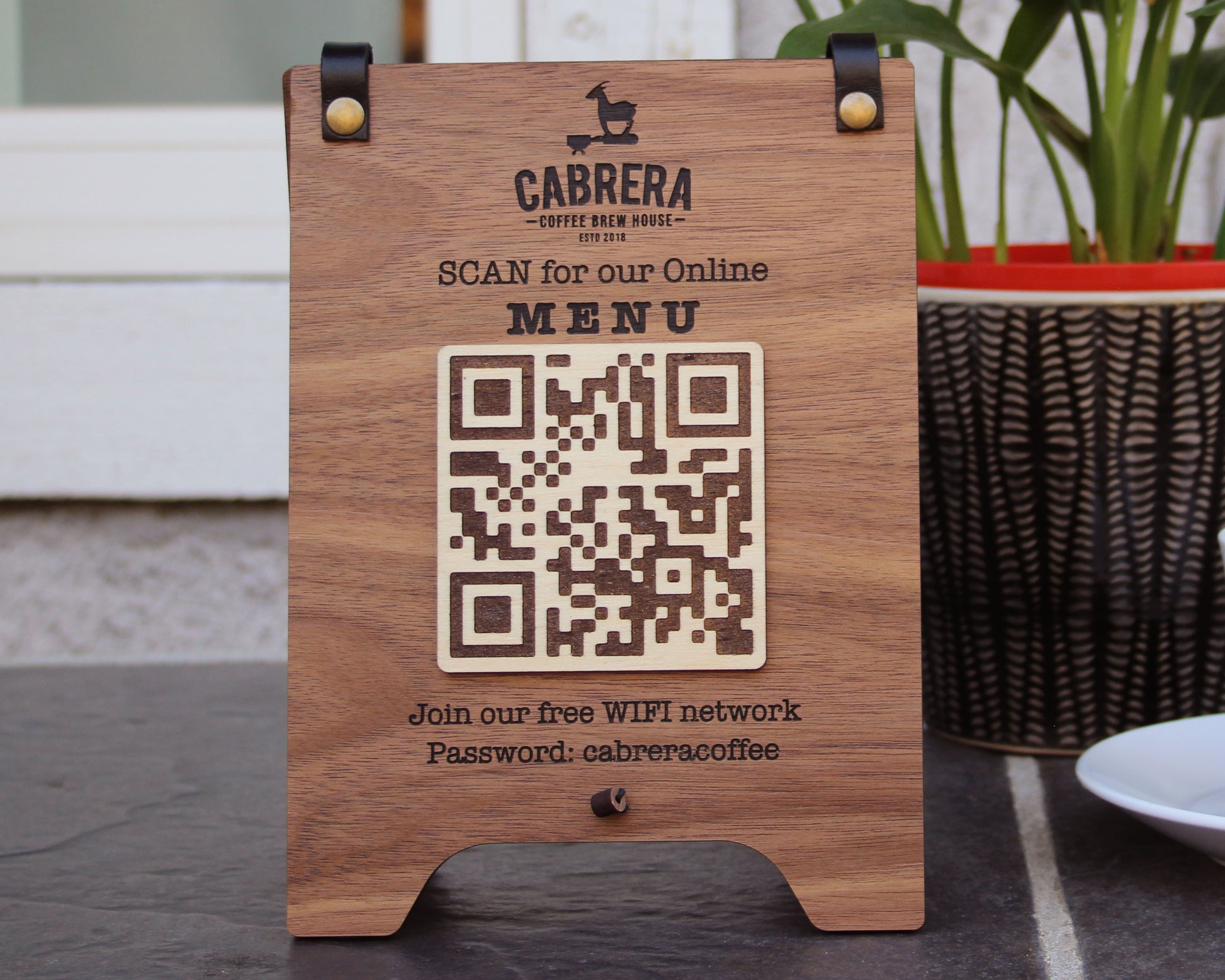 Trestle style QR Code Menu sign in walnut
