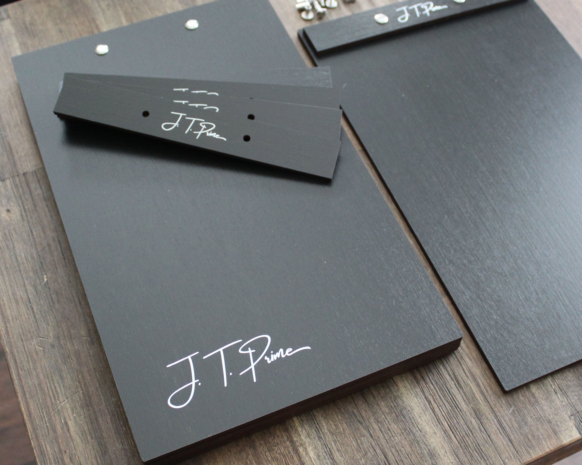 Custom logo black stained birch wood menu board with post screws