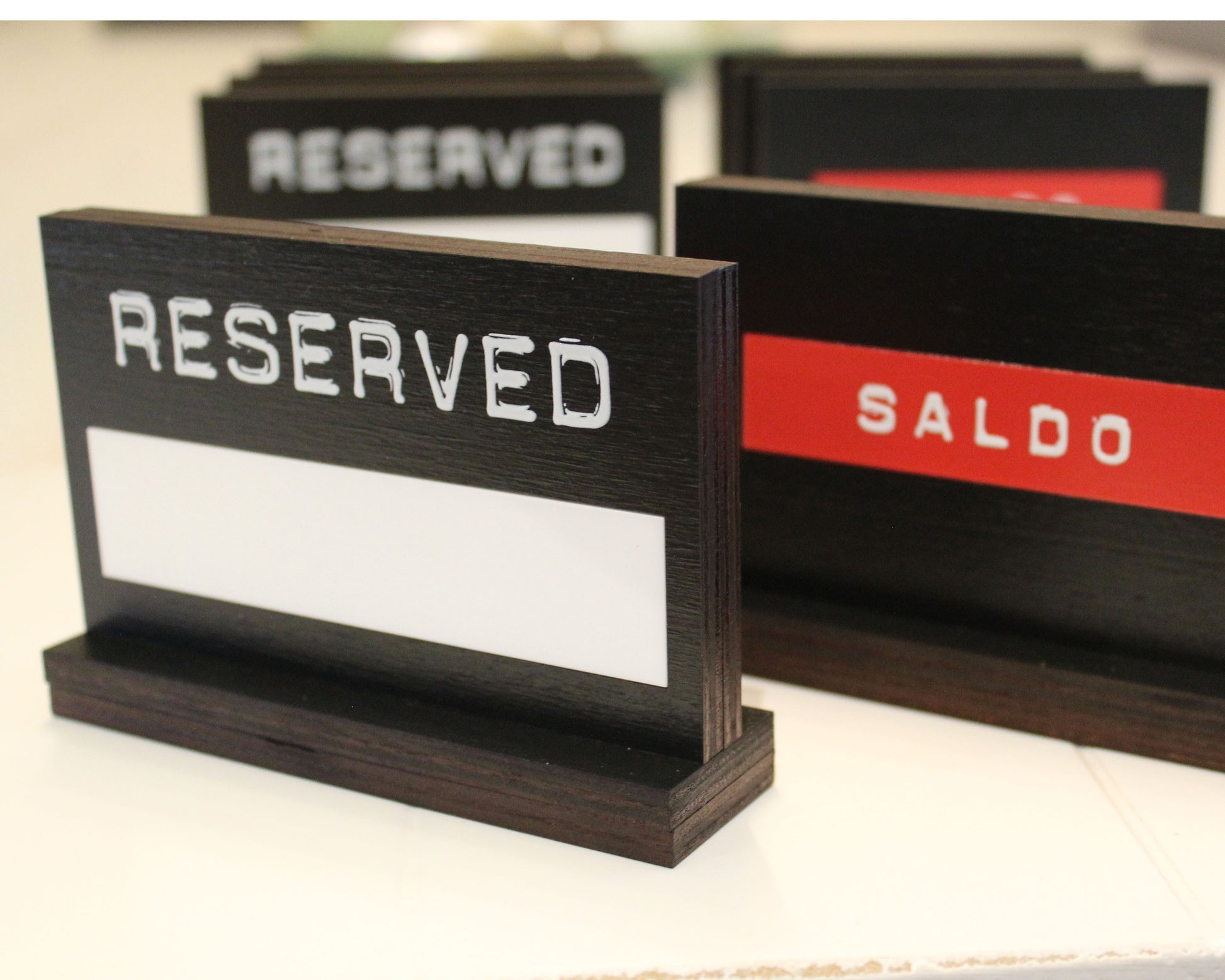 Black Stained Birch Table Reserved Sin with color UV printed logo