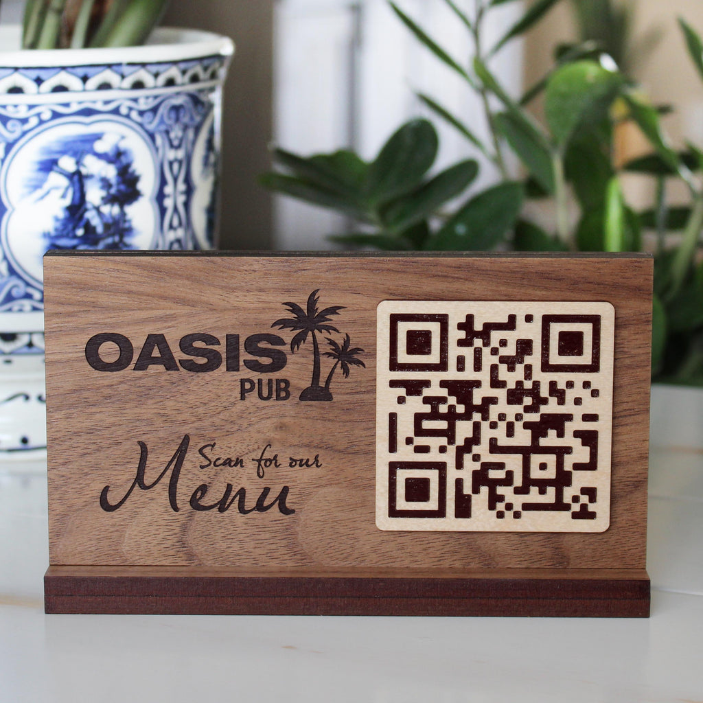 Walnut veneer tabletop sign with scannable QR code