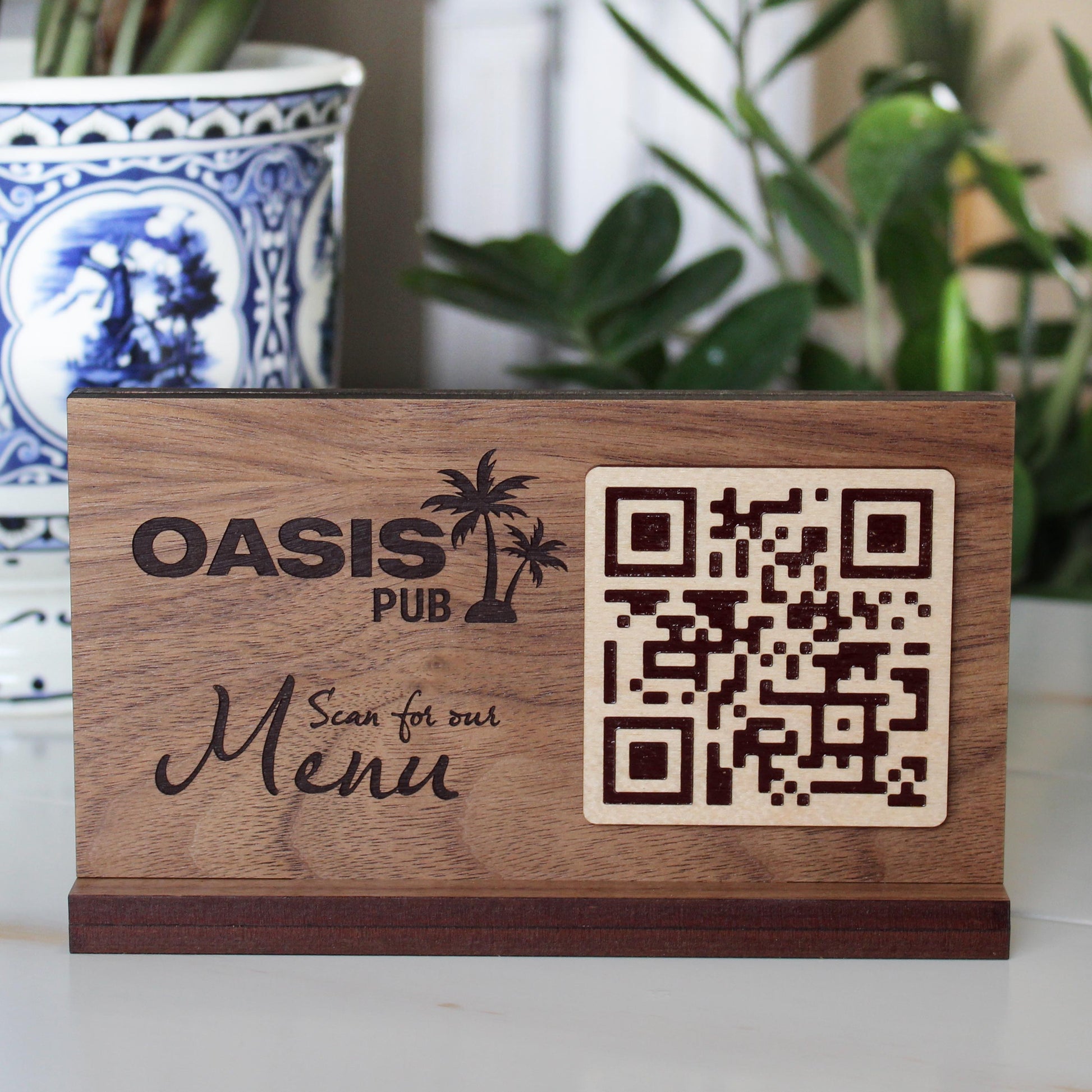 Walnut veneer tabletop sign with scannable QR code