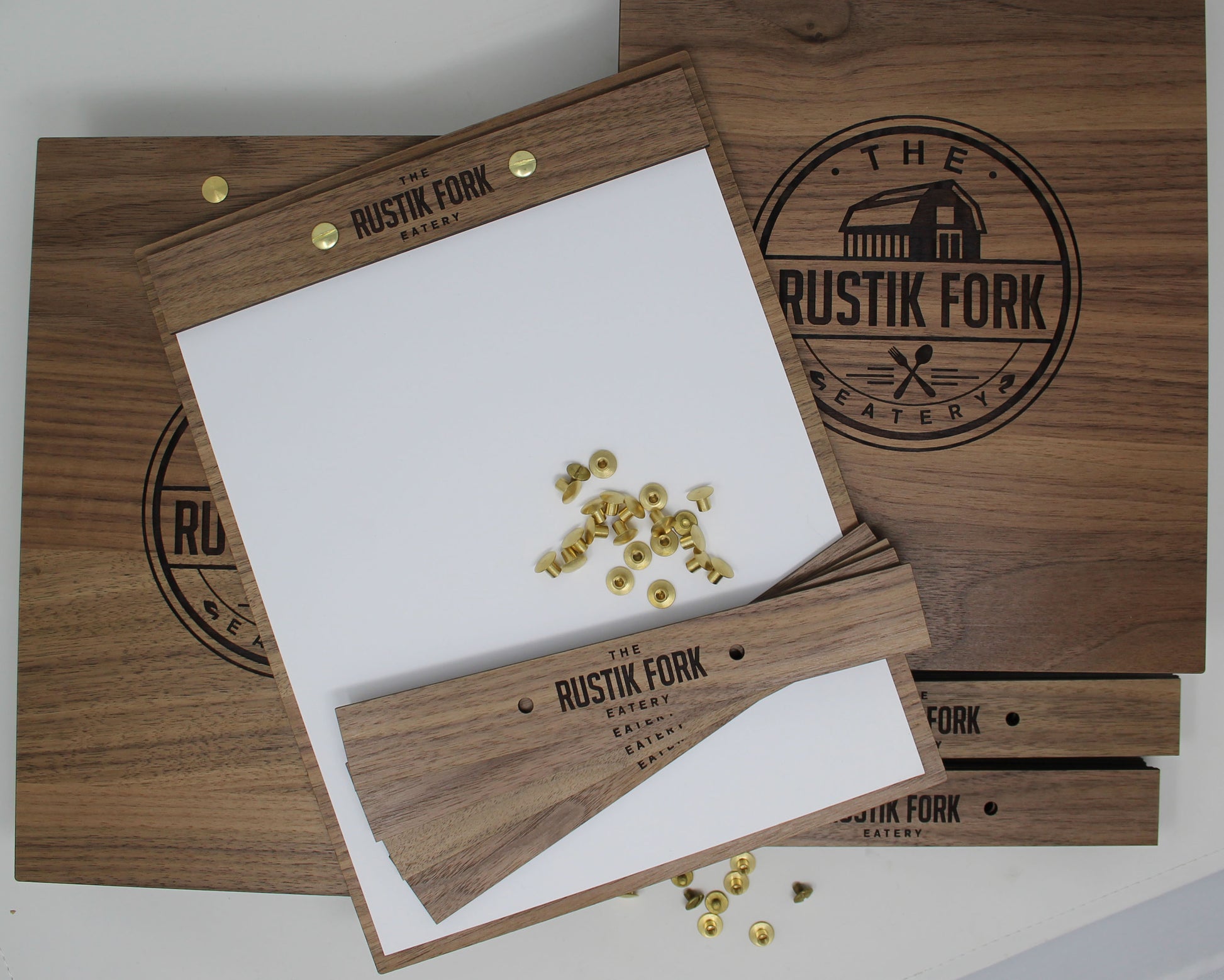 Walnut wood menu holders with polished brass screws