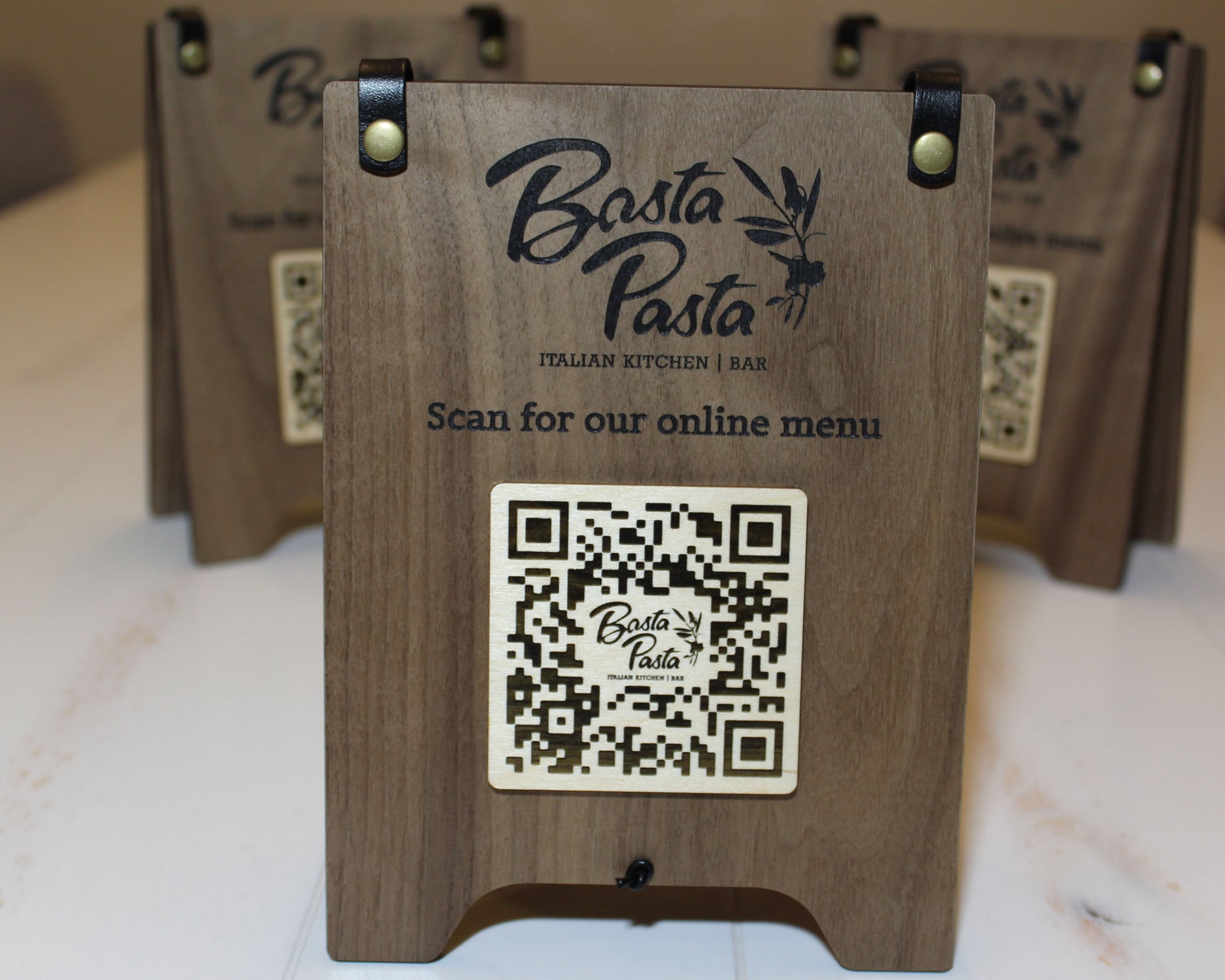 Walnut Tented Tabletop QR Menu sign