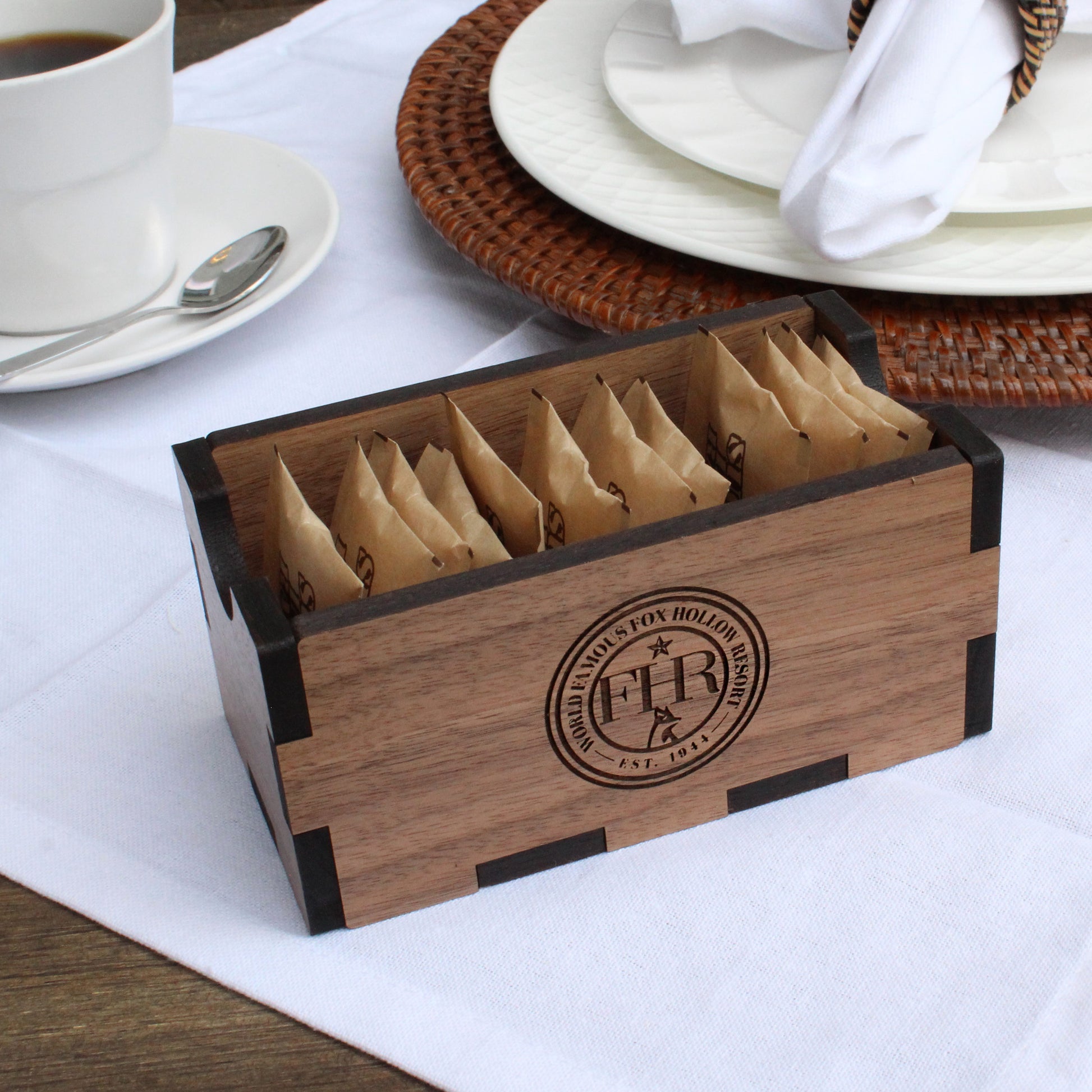 Solid walnut sugar caddy with engraved logo