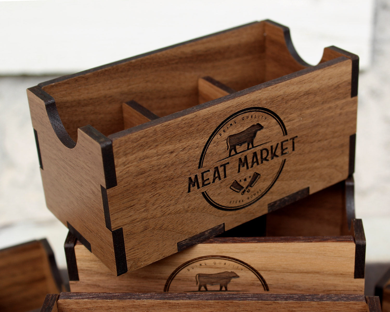 Engraved solid walnut caddy for sugar and tea packets