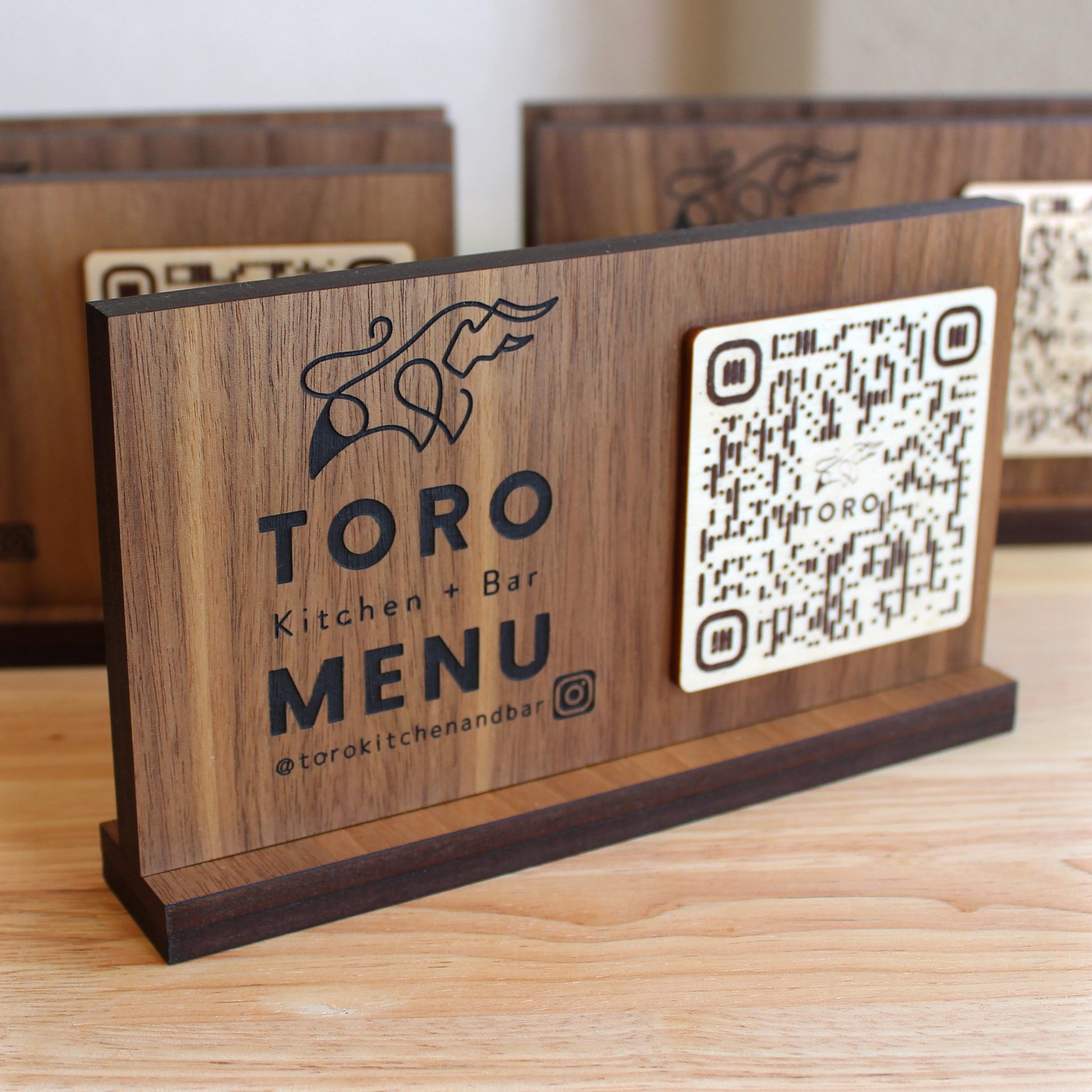 Custom QR code menu sign engraved with restaurant logo
